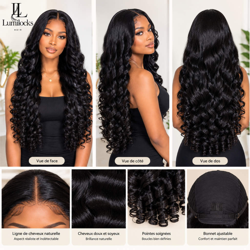 Vue de face : Femme portant une longue perruque cheveux humains noirs ondulés, vue de face