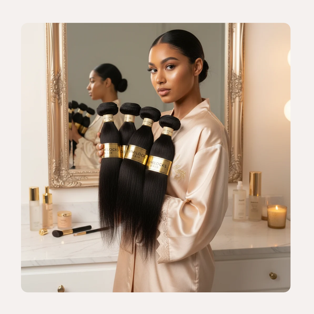 image montrant une femme portant un paquet de d'extension de cheveux lumilocks hair