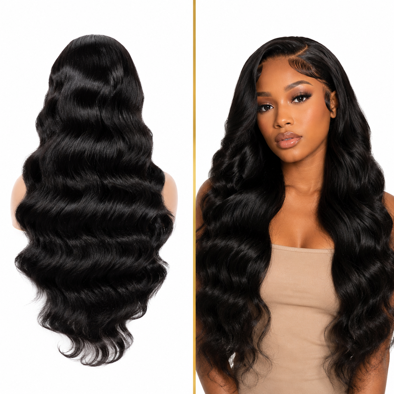 Belle femme noire portant une perruque en cheveux humains premium, naturelle, longue et volumineuse avec de magnifiques ondulations