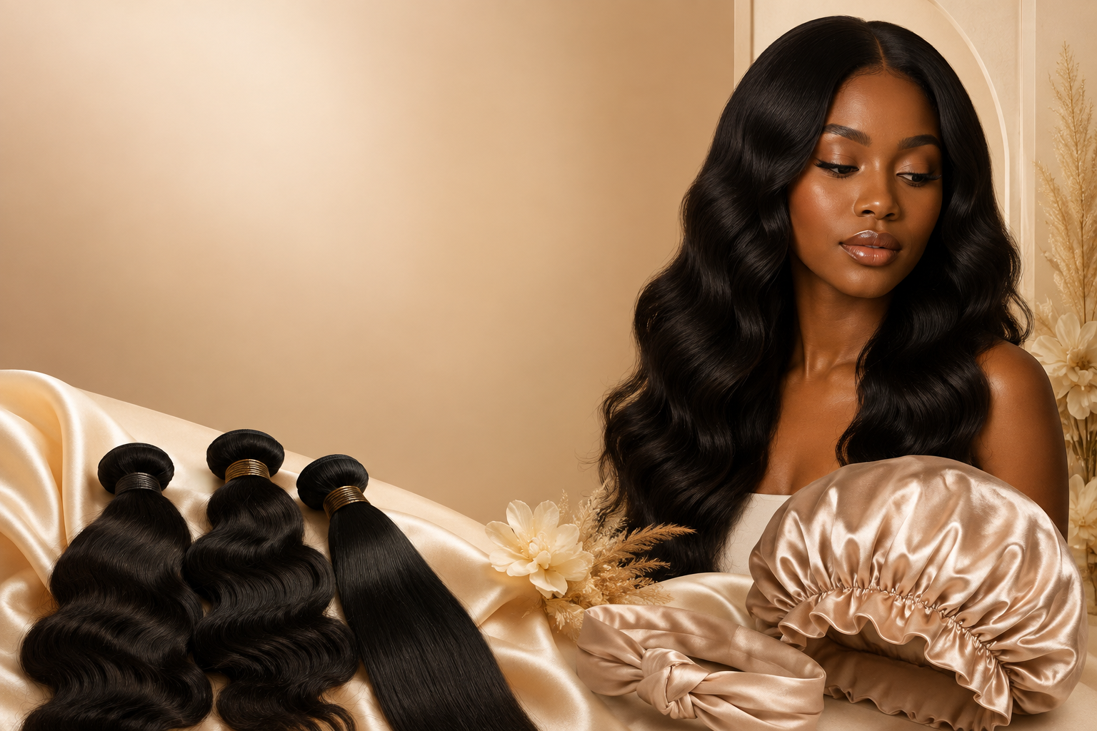 Femme noire élégante aux cheveux longs ondulés entourée de bundles de cheveux humains, d’un bonnet en satin et d’un bandeau en satin sur un décor beige luxueux.