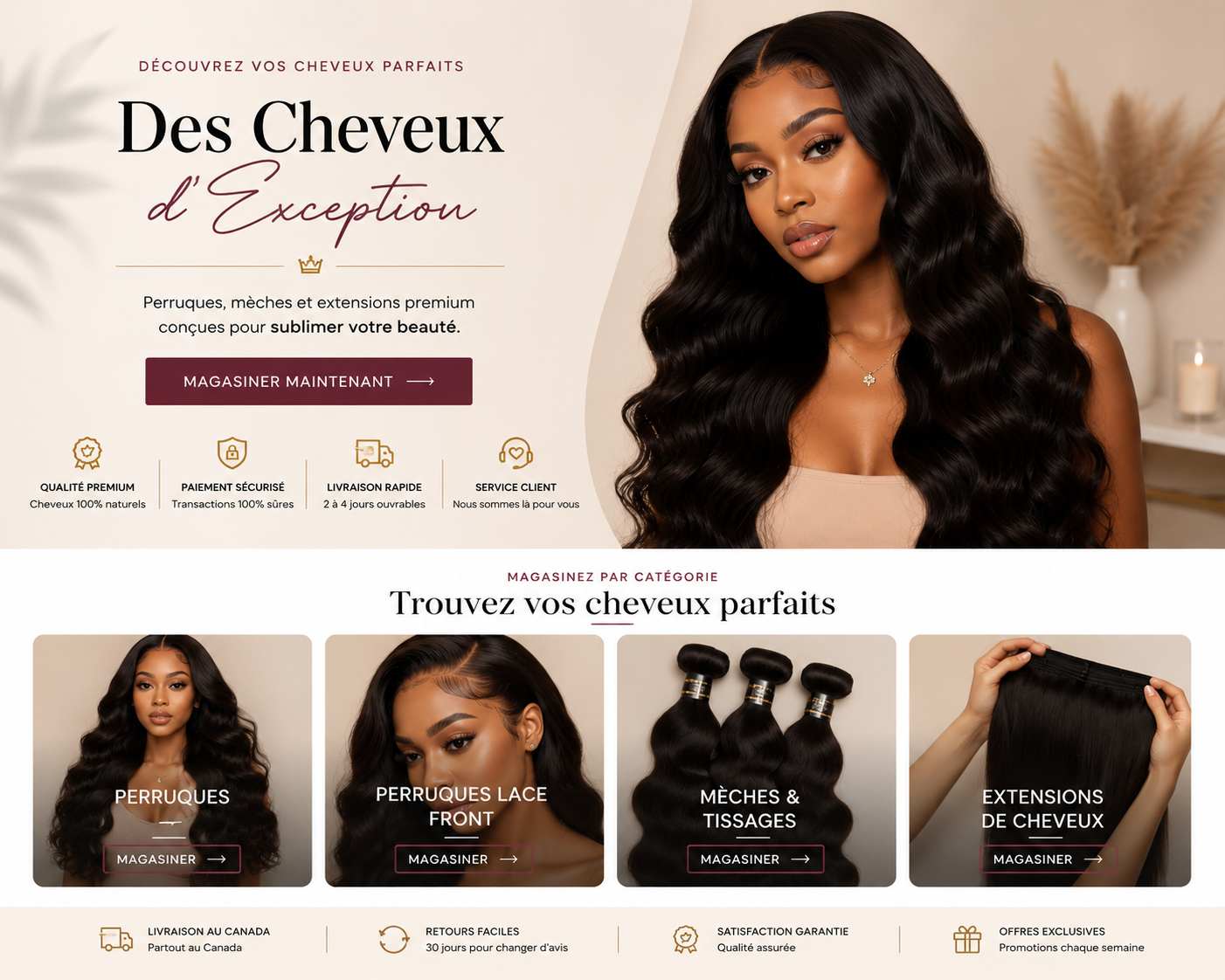 Bannière Lumilocks Hair présentant une collection de perruques en cheveux humains au style naturel et élégant