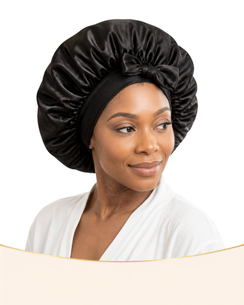 Le bonnet en satin peut être porté avant le coucher afin de maintenir les cheveux regroupés et de limiter leur contact avec les surfaces pendant la nuit.