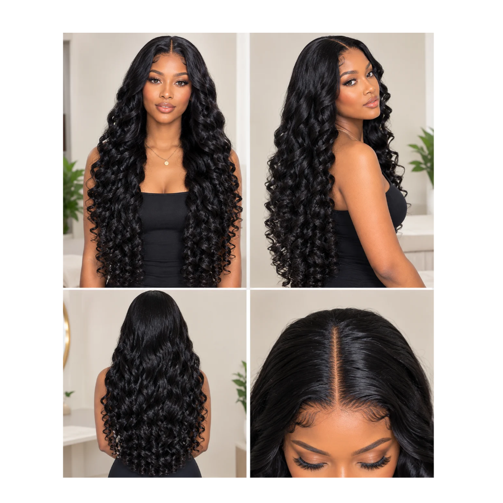 Femme noire portant une longue perruque en cheveux humains noirs ondulés et bouclés, avec finition naturelle et brillante