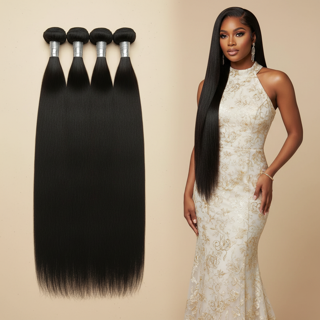Femme elegante porte des d’extensions en cheveux humains naturels, texture souple et brillante pour ajouter longueur, volume et mouvement aux cheveux.
