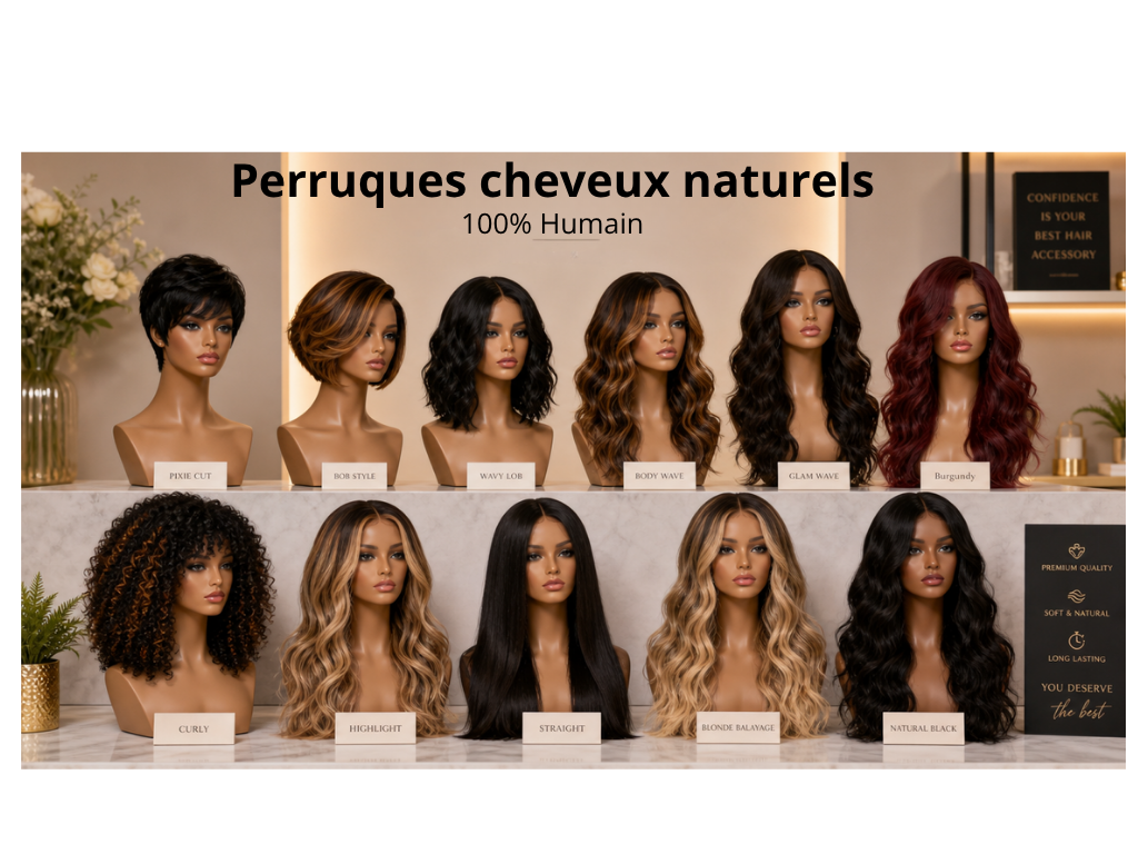 Les mannequin portent des perruque cheveux naturels qui montre differents style pour les formes visages different de lumilocks hair.