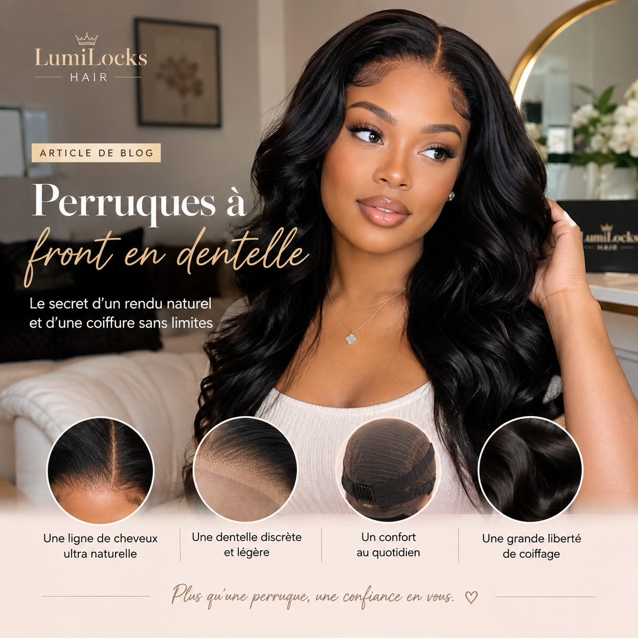 Femme noire portant une perruque à front en dentelle avec une ligne de cheveux naturelle, représentant les avantages des lace wigs.